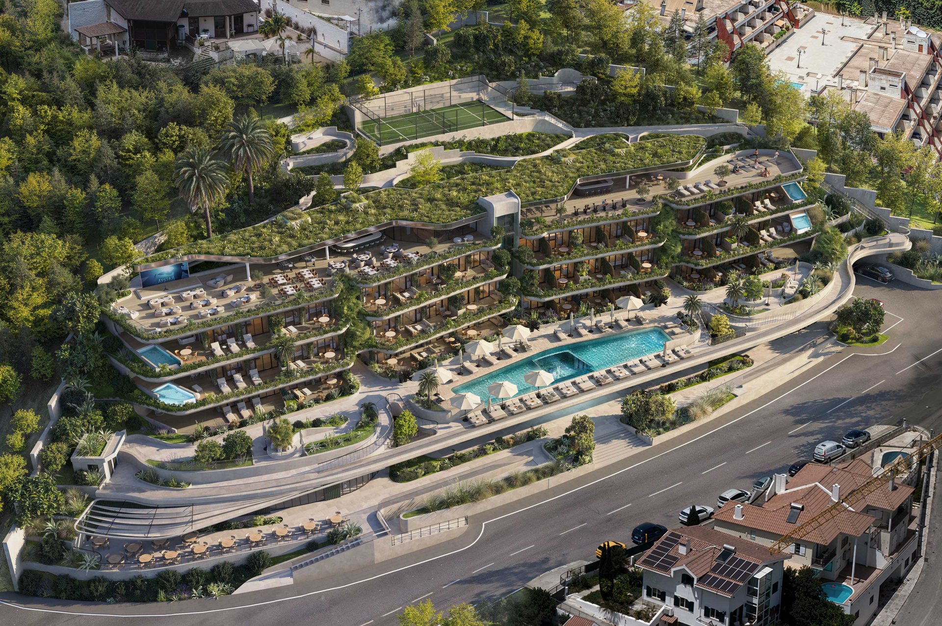 Sunny Hills from above: cascading terraces with gardens
